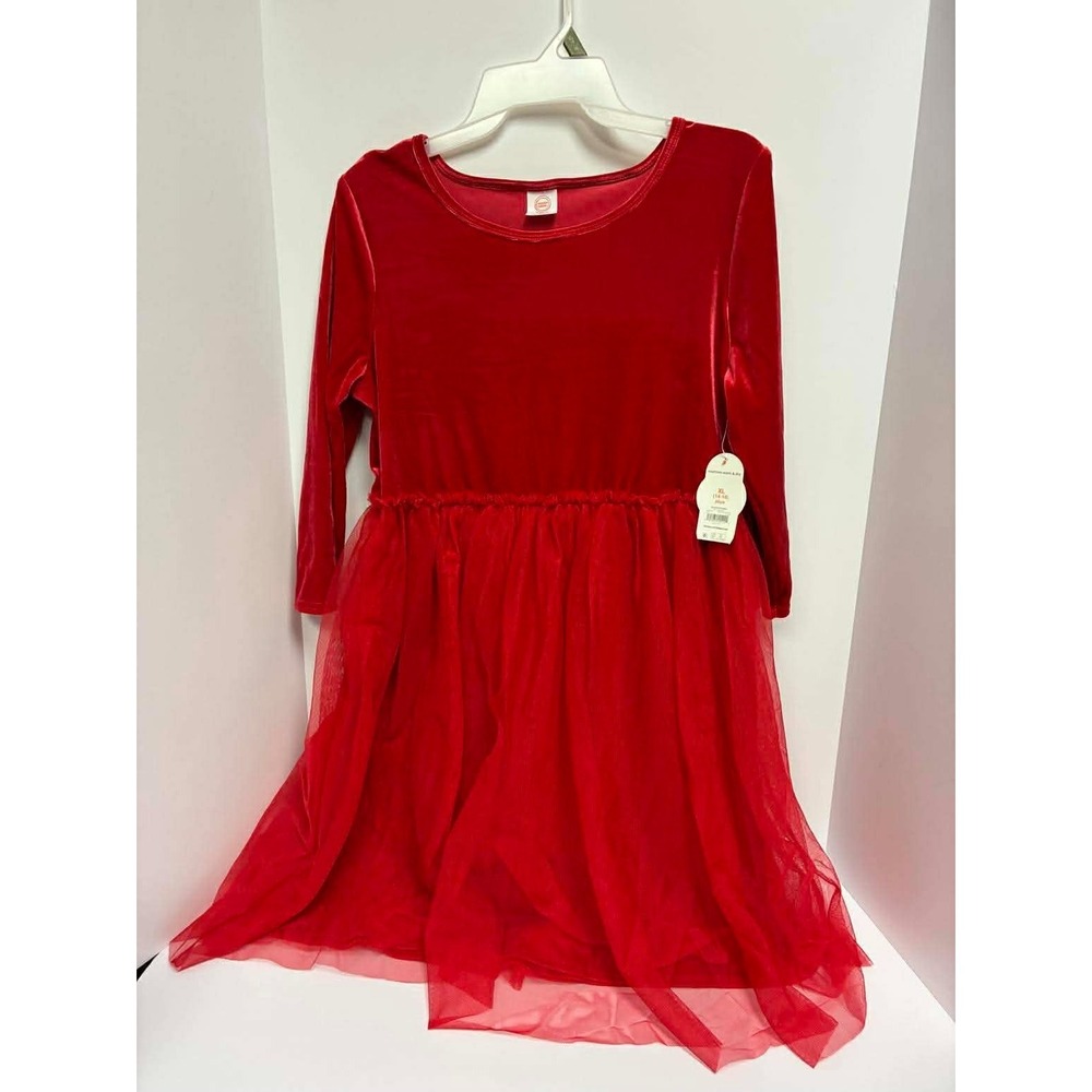 Wonder Nation Girls XL 14/16 Plus Red Velour Tutu Dress Christmas Long Sleeve NW